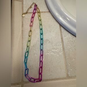 Metallic Rainbow Pink Green Purple Blue Yellow Ombre Chain Link Clasp Necklace